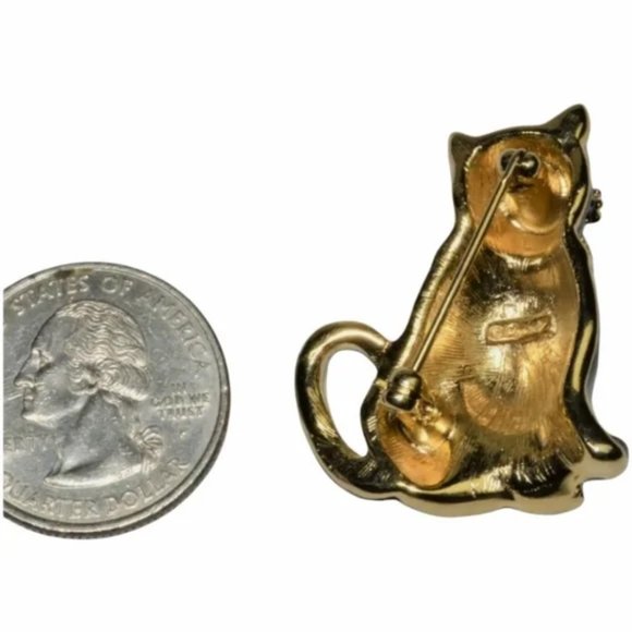 Vintage Monet Black Gold Green Eyes Cat Art Deco Pin Brooch Excellent - Picture 3 of 4